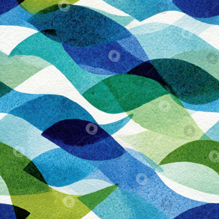 Скачать Бесшовный узор с абстрактными волнами в синих и зеленых тонах создает плавный и динамичный визуальный эффект при оформлении текстиля или обоев. фотосток Ozero