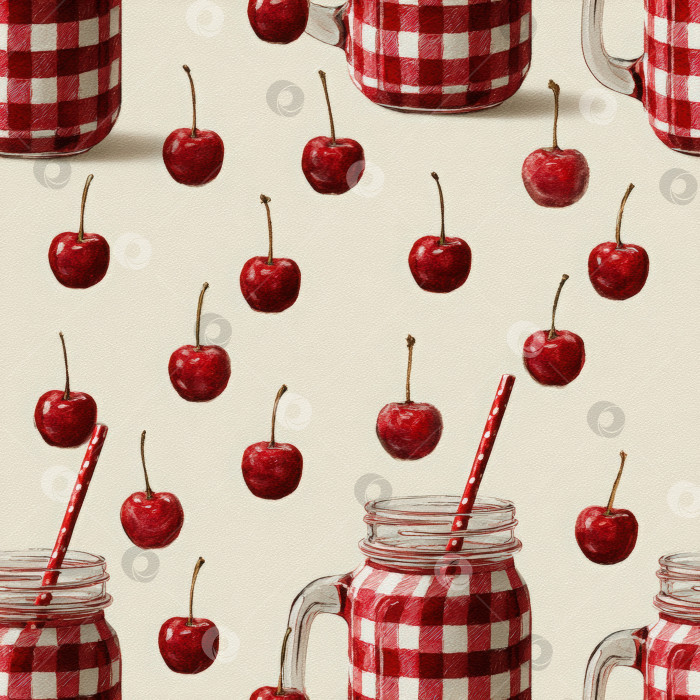Скачать Бесшовный узор с красными вишнями и клетчатыми стеклянными банками на светлом фоне создает яркий и игривый дизайн для различных творческих проектов. фотосток Ozero