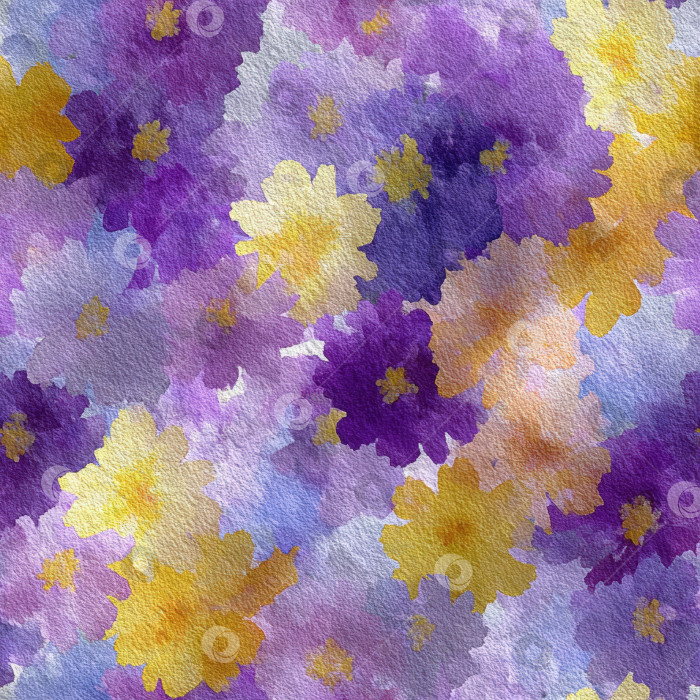 Скачать Яркий акварельный бесшовный узор с изображением распускающихся цветов в фиолетовых и желтых тонах создает живую и жизнерадостную атмосферу для различных дизайнерских применений. фотосток Ozero