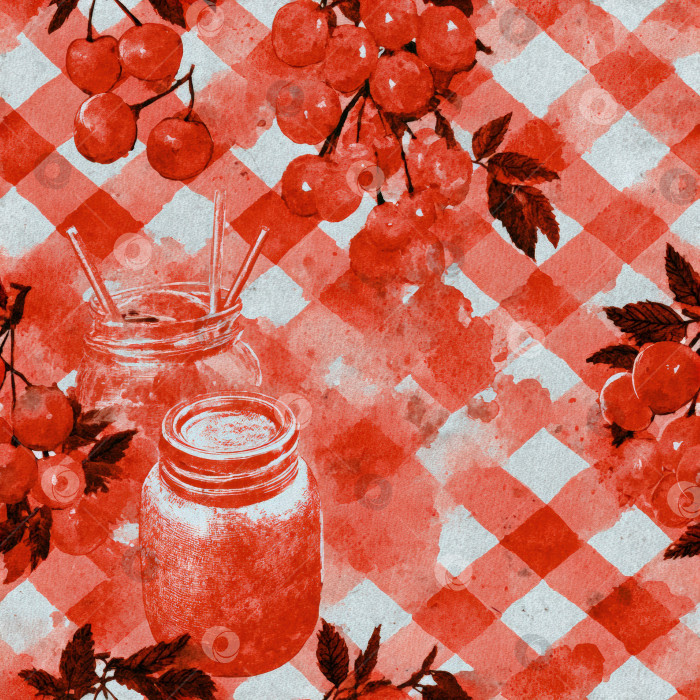 Скачать Бесшовный узор с яркими красными вишнями и баночками на клетчатом фоне демонстрирует игривый и свежий дизайн, идеально подходящий для различных творческих проектов. фотосток Ozero