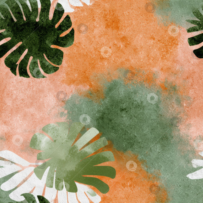 Скачать Бесшовный узор с абстрактными тропическими листьями зеленого и белого цветов на текстурированном оранжевом фоне идеально подходит для ткани, обоев и различных дизайнерских решений. фотосток Ozero