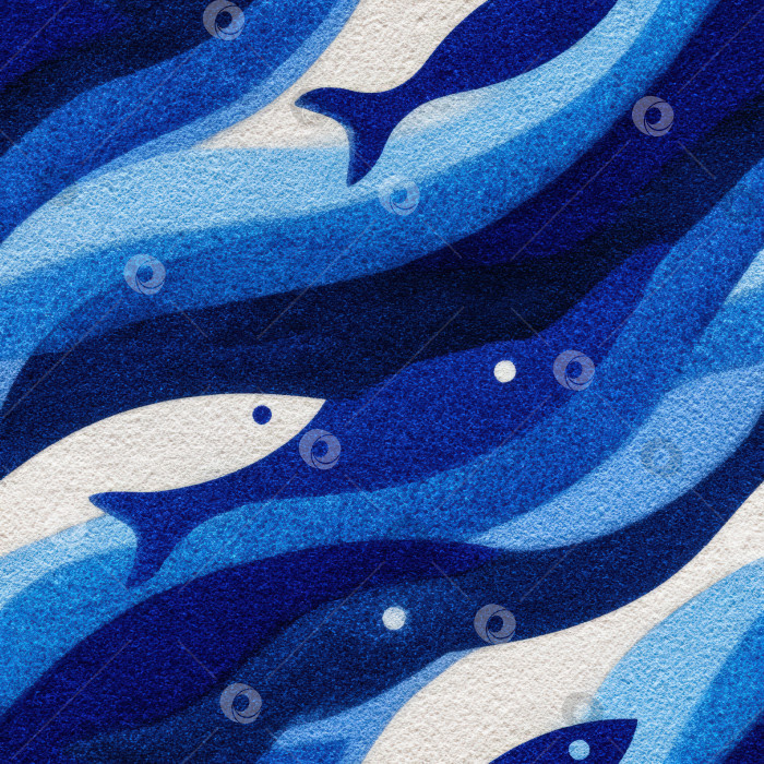 Скачать Бесшовный узор, изображающий стилизованных рыб, плывущих по волнам в различных оттенках синего, создает спокойную и гармоничную подводную сцену для дизайнерских проектов. фотосток Ozero