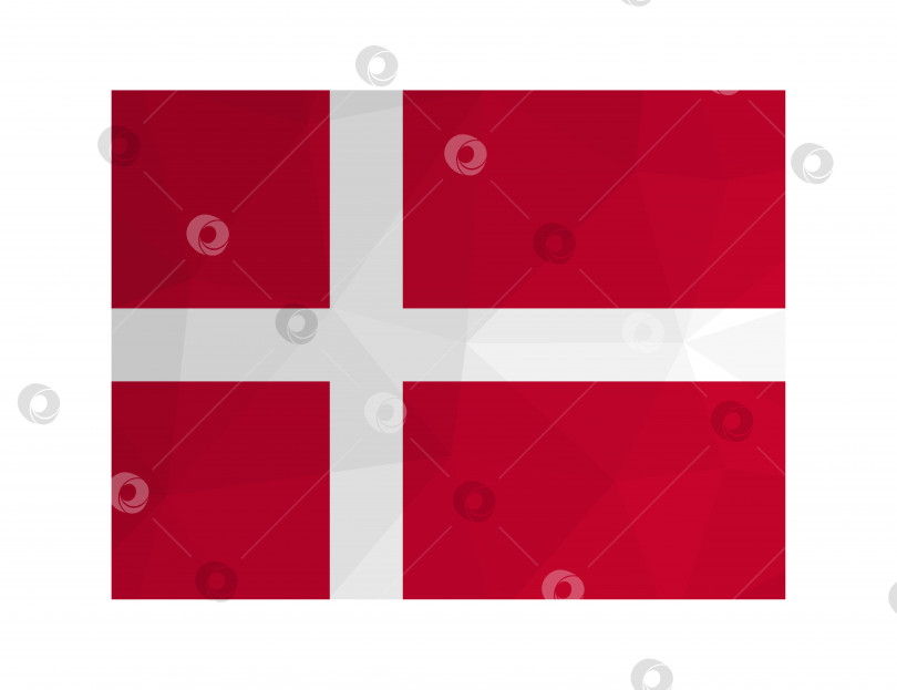 Скачать Векторная изолированная иллюстрация. Национальный датский флаг с красным фоном и белым скандинавским крестом. Официальный символ Дании; Креативный дизайн в стиле low poly с треугольными формами. Градиентный эффект. фотосток Ozero