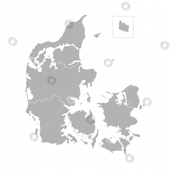 Скачать Векторная изолированная иллюстрация упрощенной административной карты Дании. Границы регионов. Серые силуэты фотосток Ozero