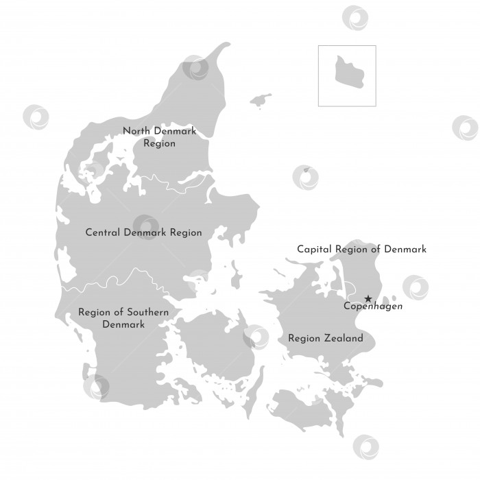 Скачать Векторная изолированная иллюстрация упрощенной административной карты Дании. Серые силуэты, белый контур фотосток Ozero
