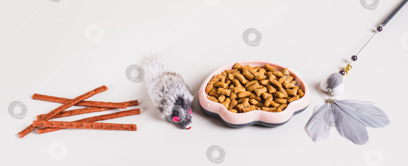 Скачать Миска с кошачьим кормом, лакомствами и игрушками на веб-баннере стола фотосток Ozero