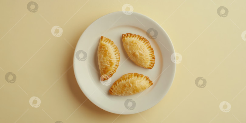 Скачать Минималистичная подача трех эмпанад на белой керамической тарелке фотосток Ozero