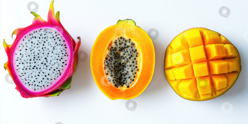Скачать Композиция из тропических фруктов. Вид сверху на манго, папайю и драконий фрукт для здорового питания фотосток Ozero
