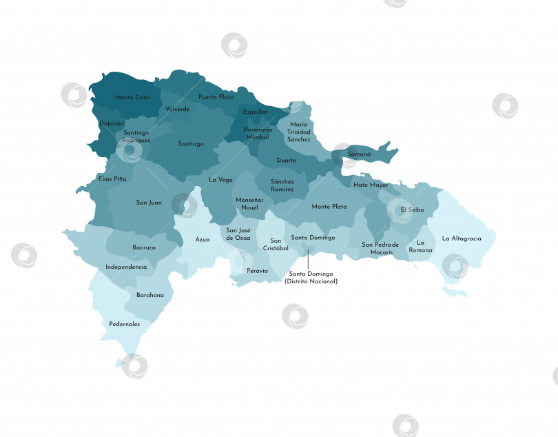 Скачать Векторная изолированная иллюстрация упрощенной административной карты Доминиканской Республики. Границы и названия провинций. Красочные силуэты синего цвета цвета хаки фотосток Ozero
