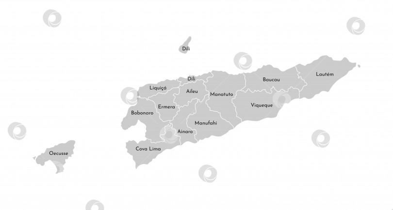 Скачать Векторная изолированная иллюстрация упрощенной административной карты Восточного Тимора (Timor-Leste). Границы и названия провинций (регионов). Серые силуэты. Белый контур фотосток Ozero