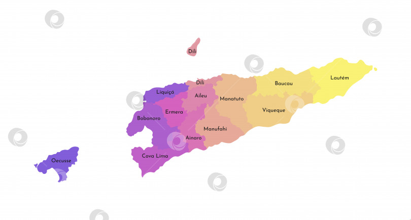 Скачать Векторная изолированная иллюстрация упрощенной административной карты Восточного Тимора (Timor-Leste). Границы и названия регионов. Разноцветные силуэты фотосток Ozero