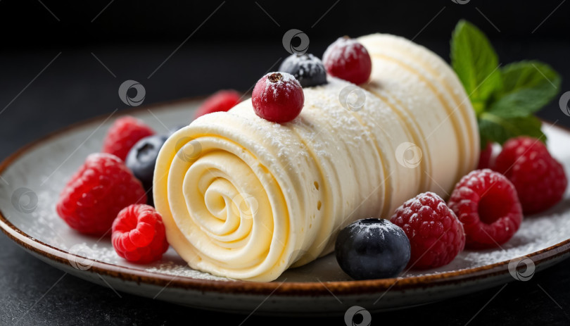 Скачать Кремовый трубчатый торт на темном фоне. Создан искусственный интеллект. фотосток Ozero