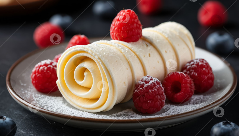 Скачать Кремовый трубчатый торт на темном фоне. Создан искусственный интеллект. фотосток Ozero