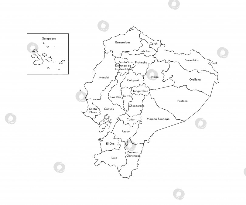 Скачать Векторная изолированная иллюстрация упрощенной административной карты Эквадора. Границы и названия провинций (регионов). Черные силуэты линий фотосток Ozero
