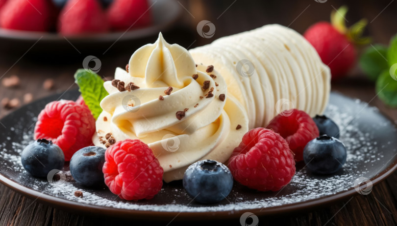 Скачать Кремовый трубчатый торт на темном фоне. Создан искусственный интеллект. фотосток Ozero