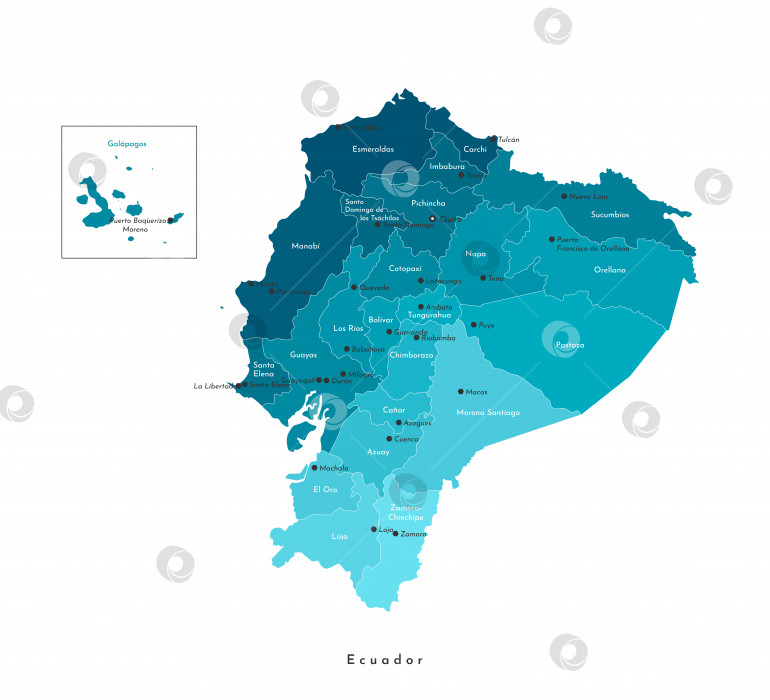 Скачать Векторная изолированная иллюстрация. Упрощенная административная карта Эквадора в синих тонах. Белый фон и контуры. Названия крупных городов и провинций Эквадора. фотосток Ozero