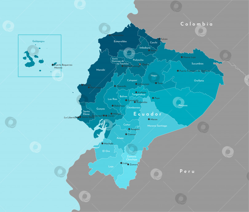 Скачать Векторная современная иллюстрация. Упрощенная административная карта Эквадора и границы с соседними странами. Синий фон Тихого океана. Названия эквадорских городов и провинций. фотосток Ozero