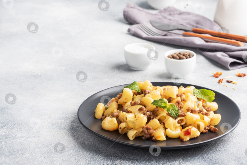 Скачать Тушеные макароны с говяжьим фаршем и овощами, макароны по-флотски на тарелке. фон - серый бетон. Скопировать с места. фотосток Ozero