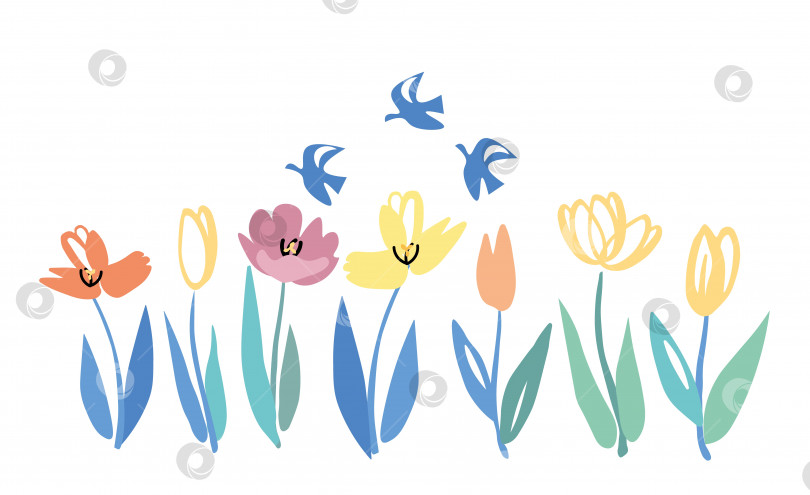 Скачать желтые, розовые тюльпаны с синими и зелеными листьями, векторная иллюстрация фотосток Ozero