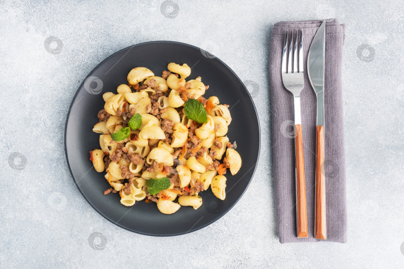 Скачать Тушеные макароны с говяжьим фаршем и овощами, макароны по-флотски на тарелке. фон - серый бетон. Скопировать с места. фотосток Ozero
