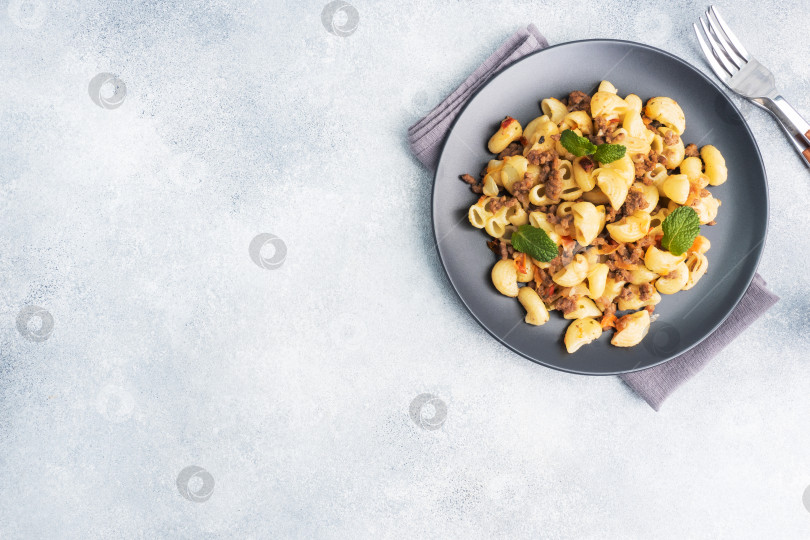 Скачать Тушеные макароны с говяжьим фаршем и овощами, макароны по-флотски на тарелке. фон - серый бетон. Скопировать с места. фотосток Ozero