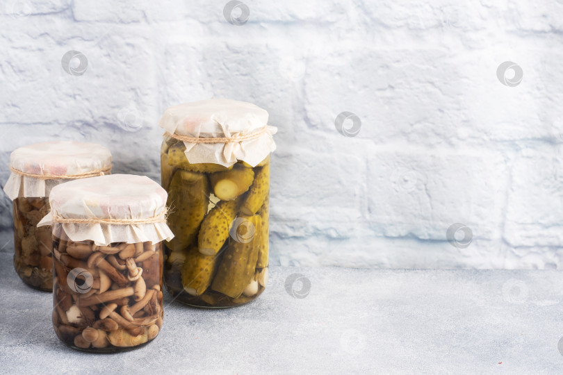 Скачать Консервирование овощей в банках. Продукты брожения. Заготовка огурцов и грибов на зиму. Место для копирования. фотосток Ozero