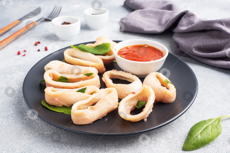 Скачать Обжаренные кольца кальмара с томатным соусом и лимоном. Черная тарелка на сером бетонном фоне копирует пространство. фотосток Ozero