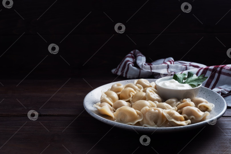 Скачать Традиционные пельмени, равиоли, вареники с мясной начинкой на тарелке, русская кухня. Деревянный фон в деревенском стиле, место для копирования. фотосток Ozero