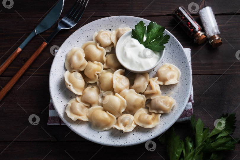 Скачать Традиционные пельмени, равиоли, вареники с мясной начинкой на тарелке, русская кухня. Деревянный фон в деревенском стиле, место для копирования. фотосток Ozero