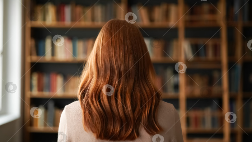 Скачать Женщина с рыжими волосами стоит перед книжным шкафом фотосток Ozero