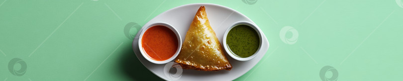 Скачать Изображение самсы с красными и зелеными чатни на тарелке в высоком разрешении фотосток Ozero