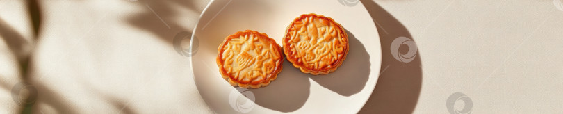 Скачать Минималистичный вид сверху вниз на традиционные китайские лунные пирожные на белой тарелке для празднования фестиваля фотосток Ozero