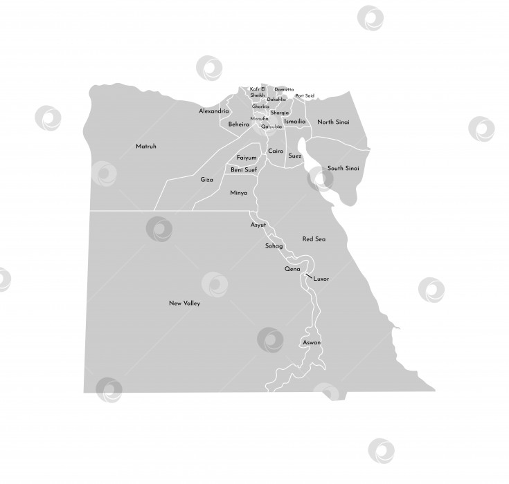 Скачать Векторная изолированная иллюстрация упрощенной административной карты Египта. Границы и названия провинций (регионов). Серые силуэты. Белый контур фотосток Ozero