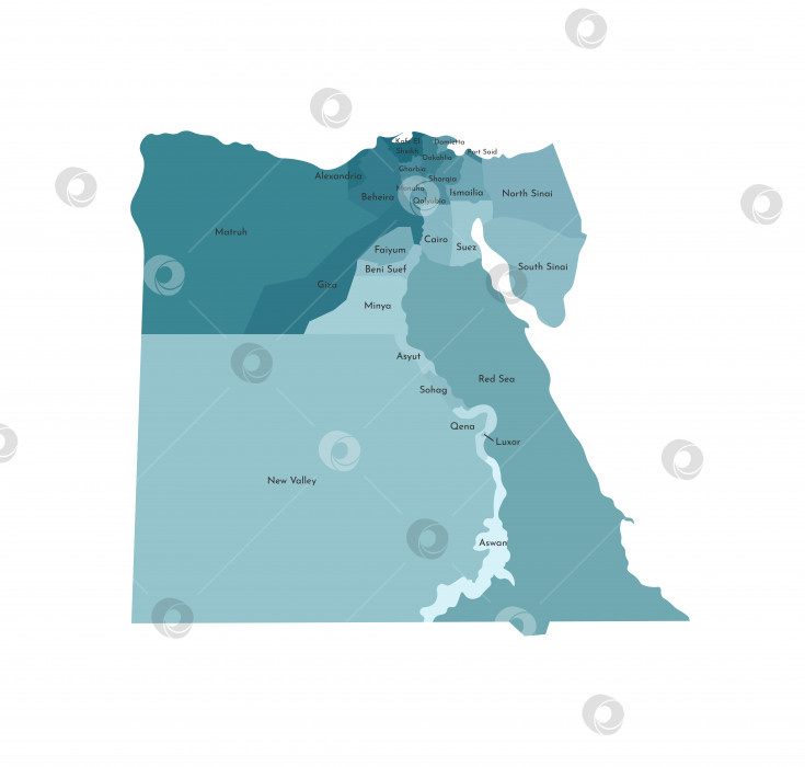 Скачать Векторная изолированная иллюстрация упрощенной административной карты Египта. Границы и названия регионов. Красочные силуэты синего цвета цвета хаки фотосток Ozero