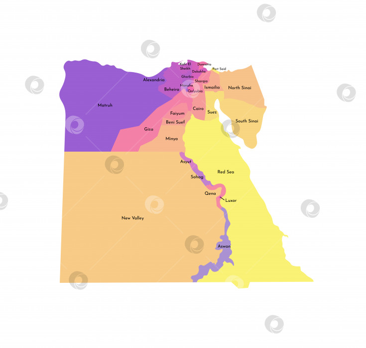 Скачать Векторная изолированная иллюстрация упрощенной административной карты Египта. Границы и названия регионов. Разноцветные силуэты фотосток Ozero