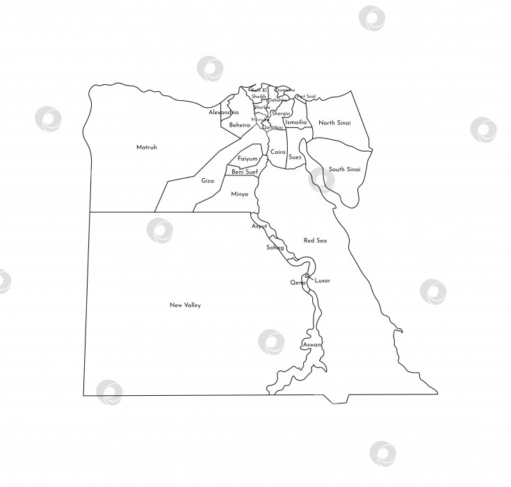 Скачать Векторная изолированная иллюстрация упрощенной административной карты Египта. Границы и названия регионов. Черные силуэты линий фотосток Ozero