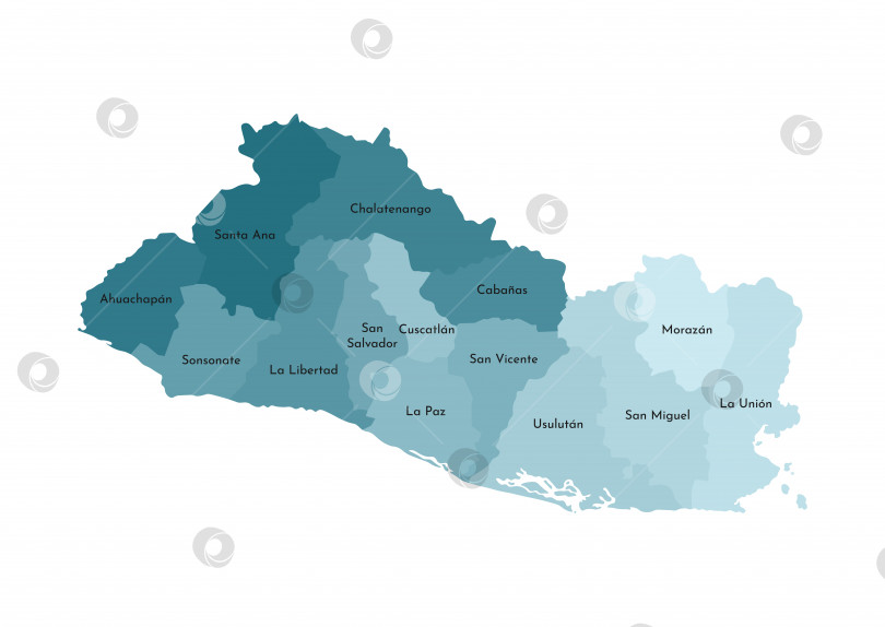 Скачать Векторная изолированная иллюстрация упрощенной административной карты Сальвадора. Границы и названия департаментов (регионов). Красочные силуэты синего цвета цвета хаки фотосток Ozero