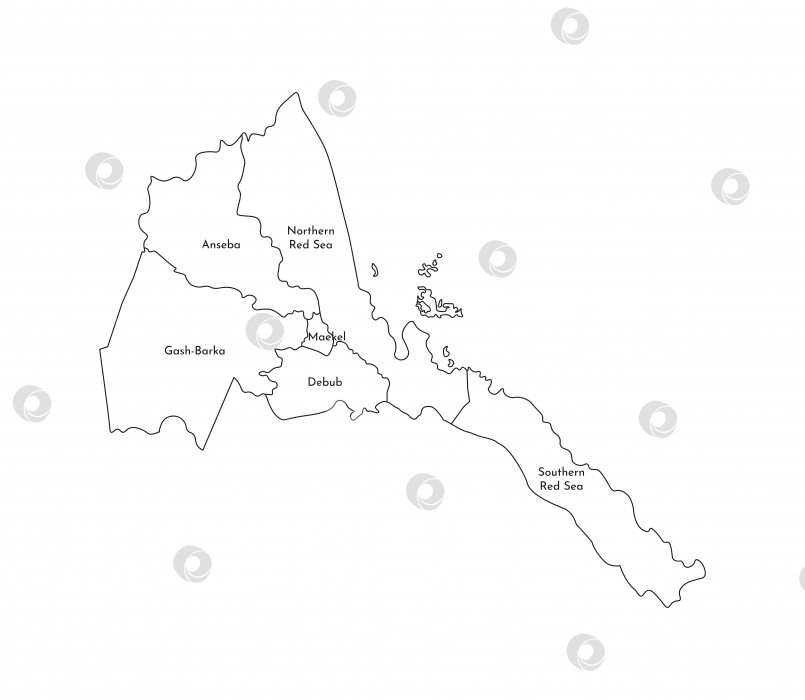 Скачать Векторная изолированная иллюстрация упрощенной административной карты Эритреи. Границы и названия регионов. Черные силуэты линий фотосток Ozero