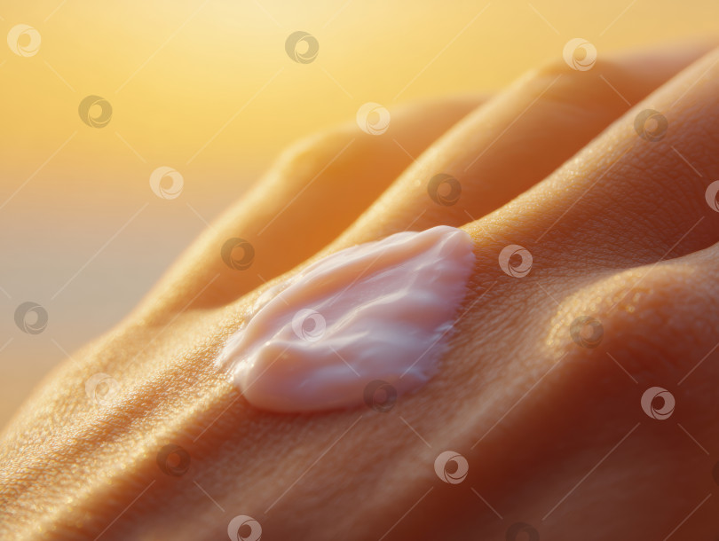 Скачать Крупный план нанесения солнцезащитного крема на кожу в теплом закатном свете фотосток Ozero
