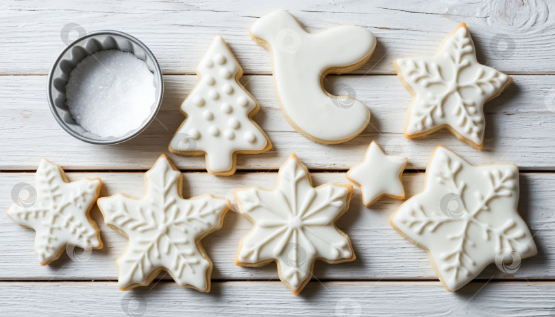 Скачать Рождественское печенье с белой помадкой на деревянном фоне. фотосток Ozero