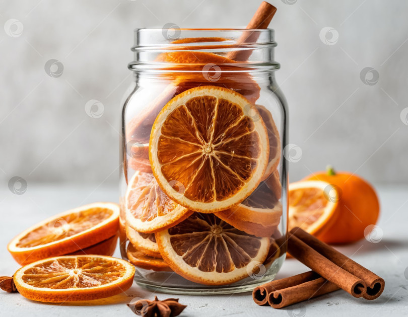 Скачать Сушеные дольки апельсина и корицу положить в стеклянную банку. фотосток Ozero