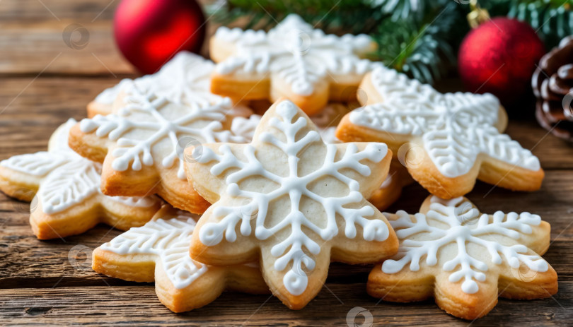 Скачать Рождественское печенье с белой помадкой на деревянном фоне. фотосток Ozero