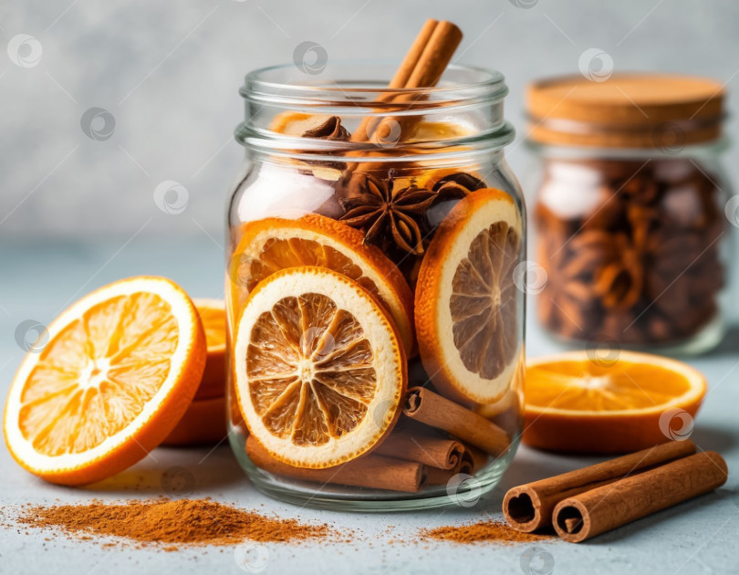Скачать Сушеные дольки апельсина и корицу положить в стеклянную банку. фотосток Ozero