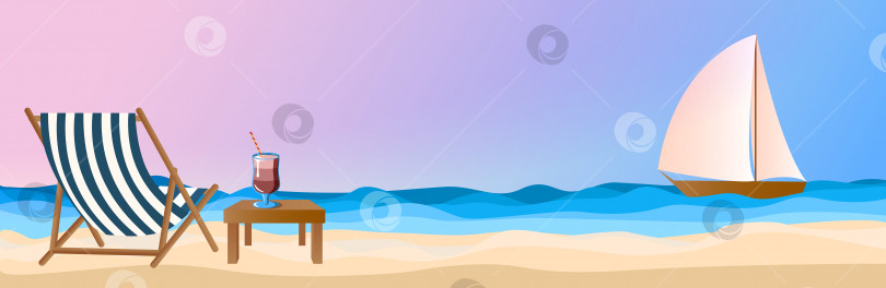 Скачать Широкий баннер. Морской фон летним вечером, розовый свет заката, яхта в море и пляжный коктейль на песке. Открытка, реклама курортного сезона, пляжный отдых фотосток Ozero