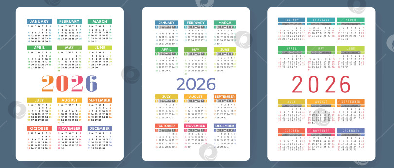 Скачать Календарь на 2026 год. Набор красочных векторов. Коллекция карманных календарей. Неделя начинается в воскресенье. Базовый шаблон сетки для печати фотосток Ozero
