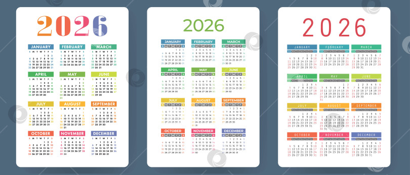 Скачать Календарь на 2026 год. Набор красочных векторов. Коллекция карманных календарей. Неделя начинается в воскресенье. Базовый шаблон сетки для печати фотосток Ozero