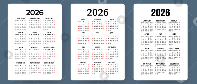 Скачать Набор векторных календарей на 2026 год. Коллекция карманных календарей. Неделя начинается в воскресенье. Базовый шаблон сетки для печати фотосток Ozero