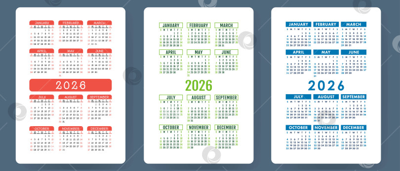 Скачать Календарь на 2026 год. Набор красочных векторов. Коллекция карманных календарей. Неделя начинается в воскресенье. Базовый шаблон сетки для печати фотосток Ozero
