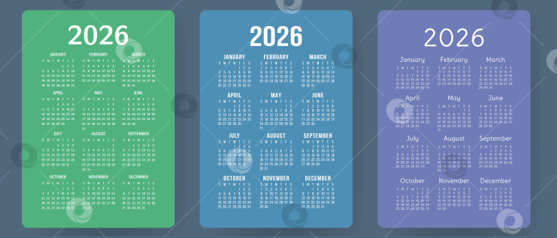 Скачать Календарь на 2026 год. Набор красочных векторов. Коллекция карманных календарей. Неделя начинается в воскресенье. Базовый шаблон сетки для печати фотосток Ozero