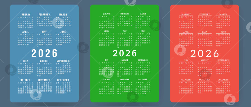 Скачать Календарь на 2026 год. Набор красочных векторов. Коллекция карманных календарей. Неделя начинается в воскресенье. Базовый шаблон сетки для печати фотосток Ozero